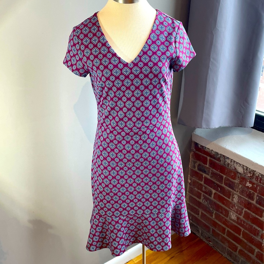 Purple & Navy Print Banana Republic Ruffle Bottom Dress, Size 4.